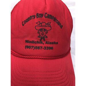 Vtg 80 Red Trucker Hat Baseball Cap Snapback Retro Country Boy Campground Alaska